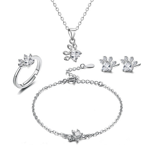 Rose Gold Paw Jewelry Set – 4 Pieces With Zirconia Heart (Ring, Necklace, Earrings, Bracelet)