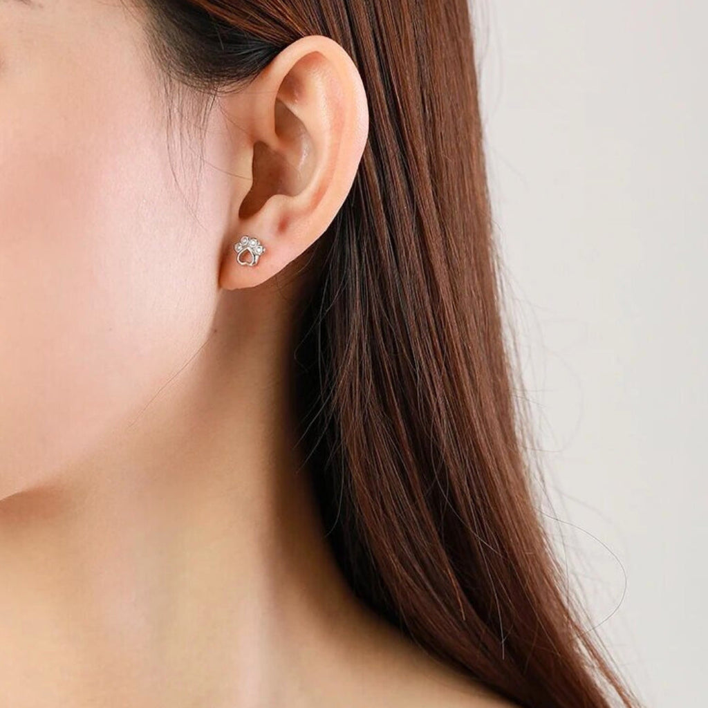 Paw Stud Earrings In Sterling Silver – With Sparkling Zirconia