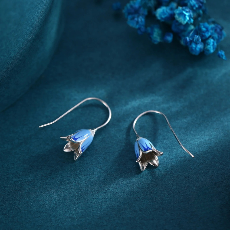 Sterling Silver Enamel Bluebell Flower Drop Hook Earrings