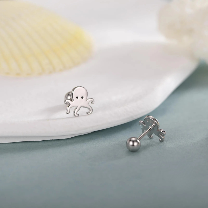 Tiny Octopus Stud Earrings in Sterling Silver