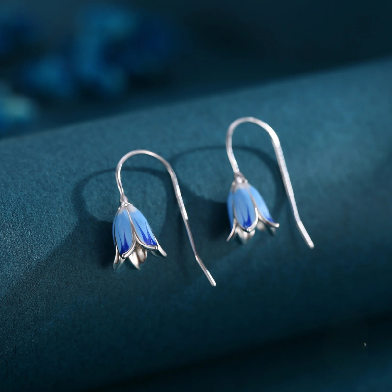 Sterling Silver Enamel Bluebell Flower Drop Hook Earrings