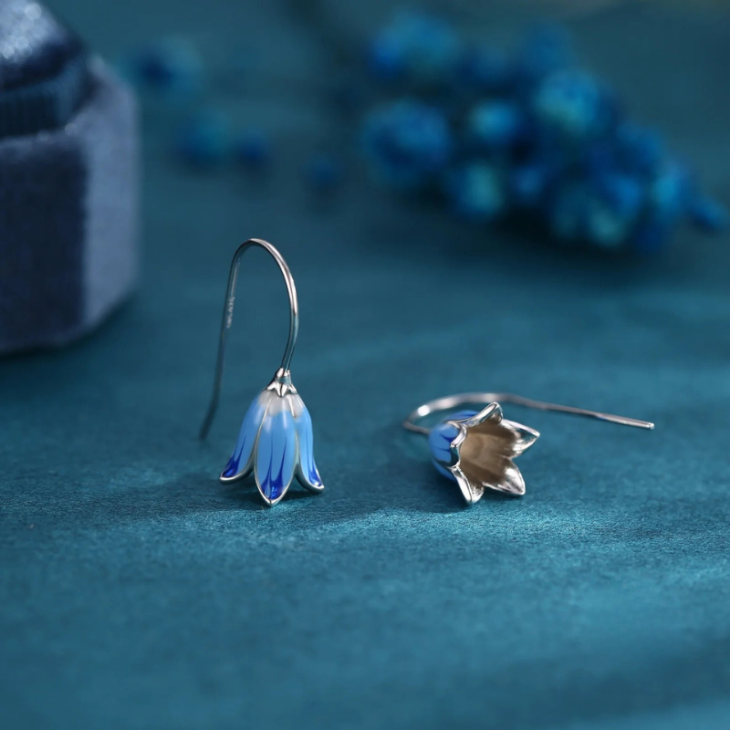 Sterling Silver Enamel Bluebell Flower Drop Hook Earrings