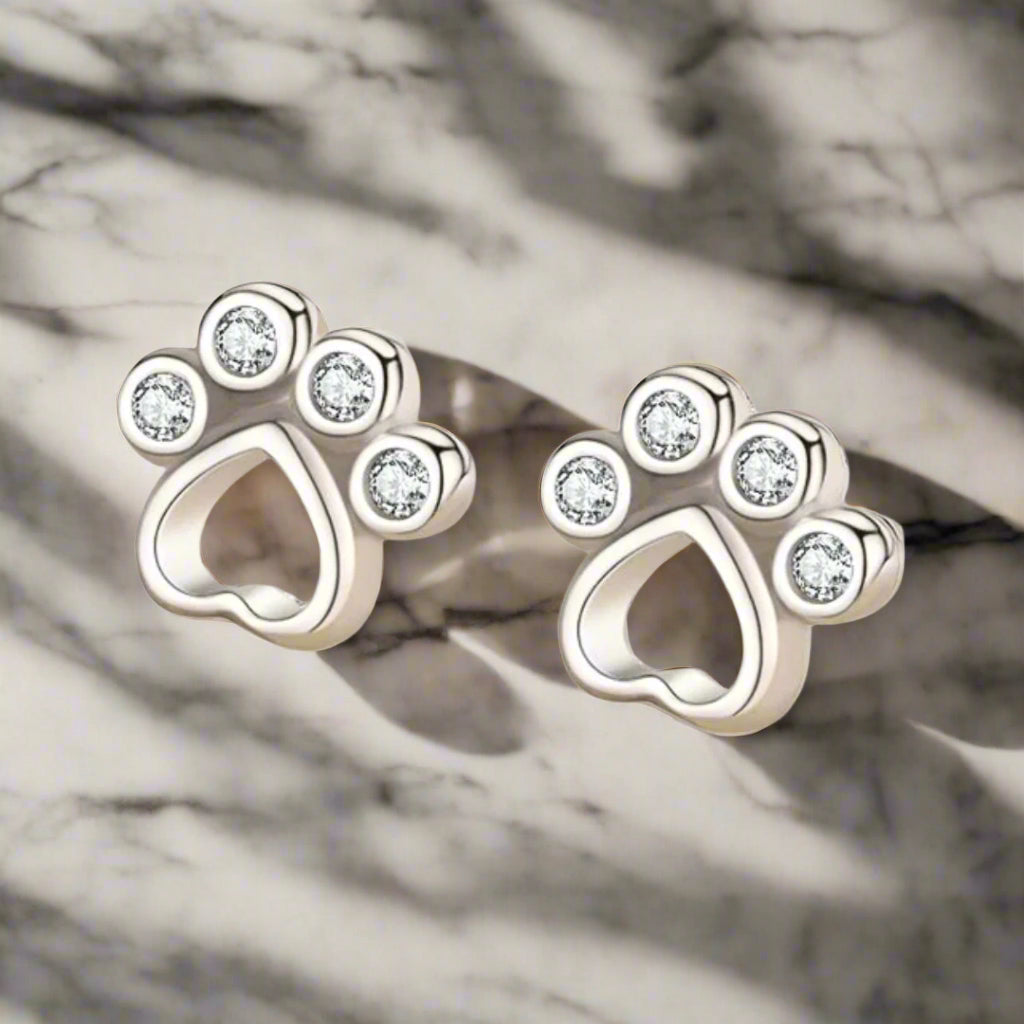 Paw Stud Earrings In Sterling Silver – With Sparkling Zirconia