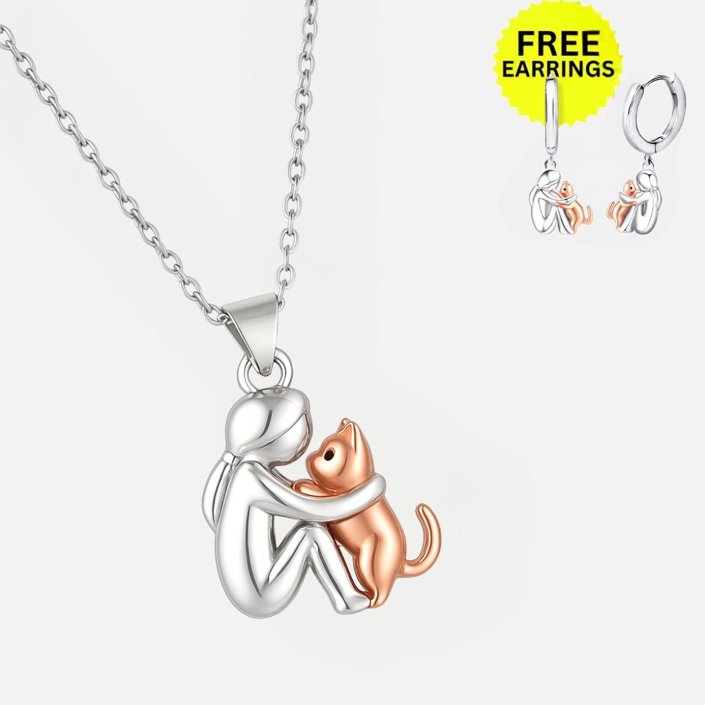 Cat Hug Pendant Necklace With Bonus Earrings – Offer