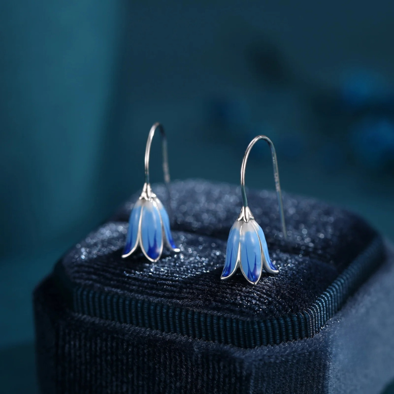Sterling Silver Enamel Bluebell Flower Drop Hook Earrings