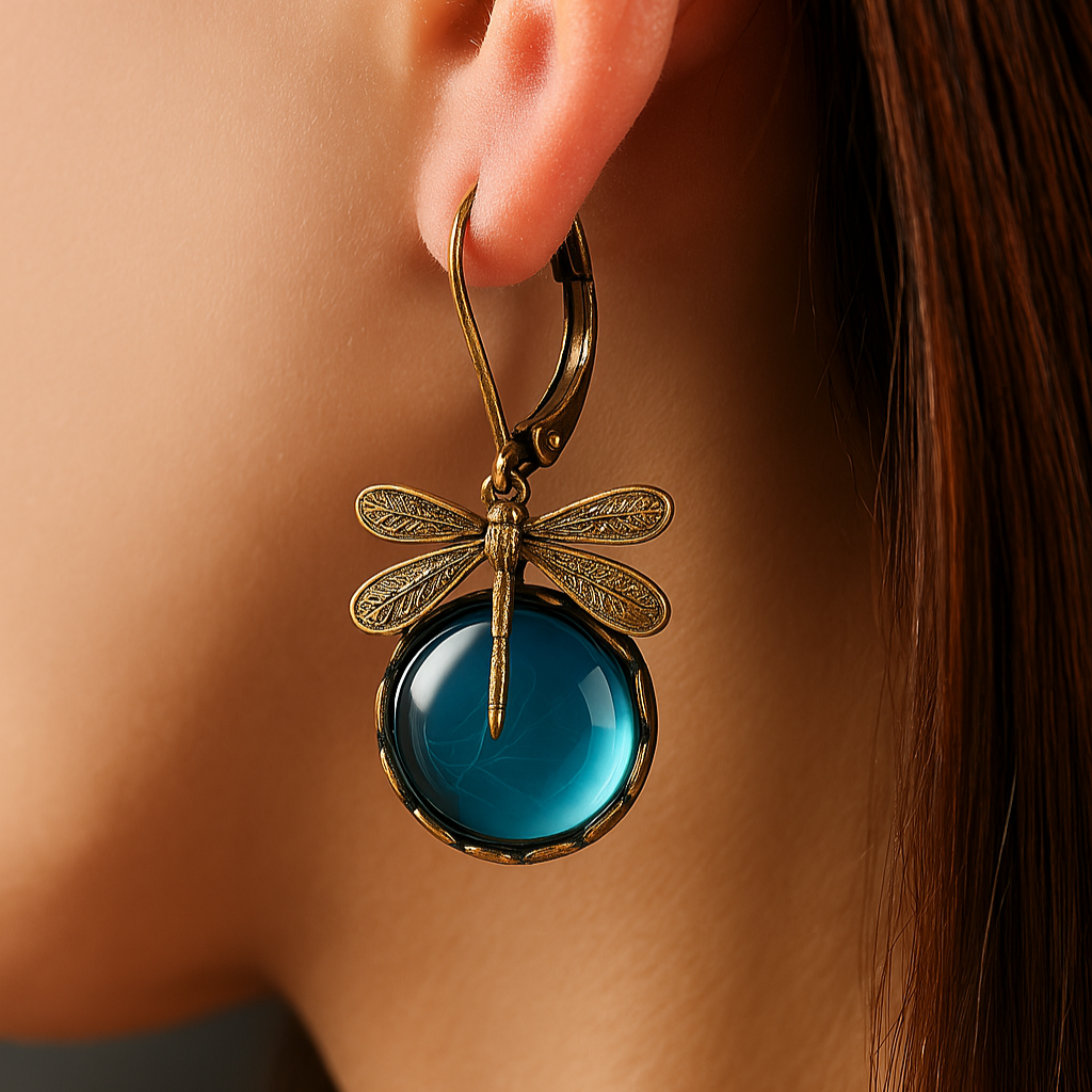 Spherical Dragonfly Earrings In Antique Gold