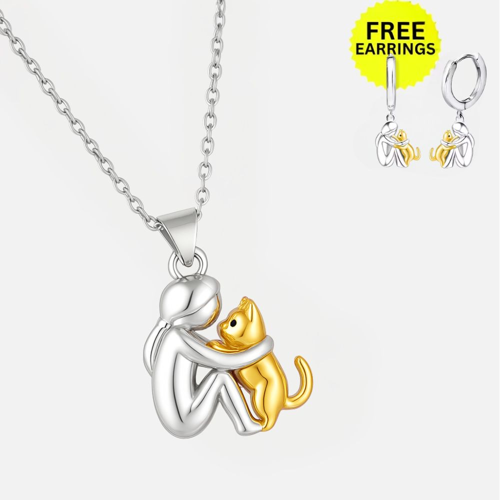 Cat Hug Pendant Necklace With Bonus Earrings – Offer