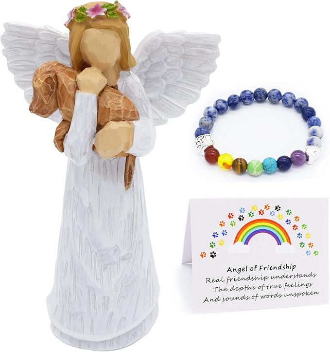Dog Memorial Gift Set With Angel Of Friendship Figurine & Rainbow Bridge Chakra Bracelet