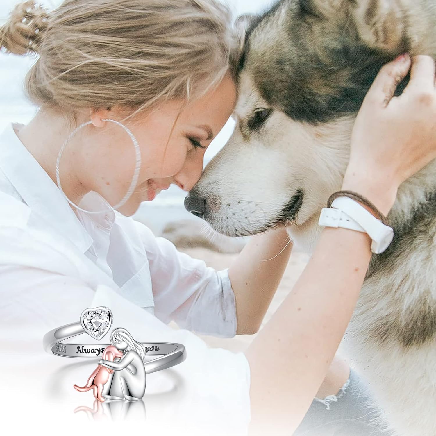 Adjustable Dog Ring In 925 Sterling Silver – “Always In My Heart” With Zirconia