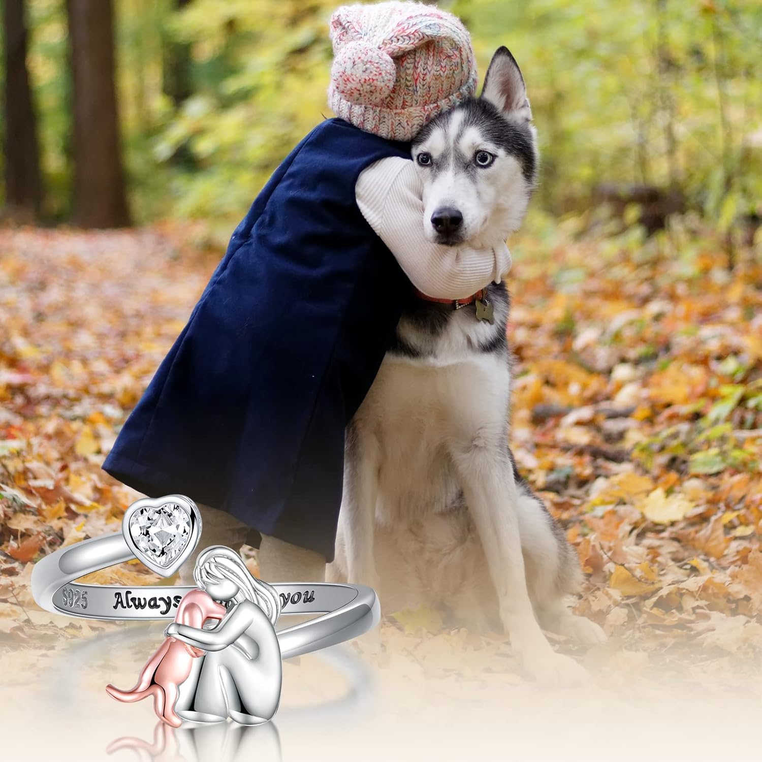 Adjustable Dog Ring In 925 Sterling Silver – “Always In My Heart” With Zirconia