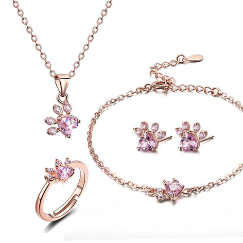 Rose Gold Paw Jewelry Set – 4 Pieces With Zirconia Heart (Ring, Necklace, Earrings, Bracelet)