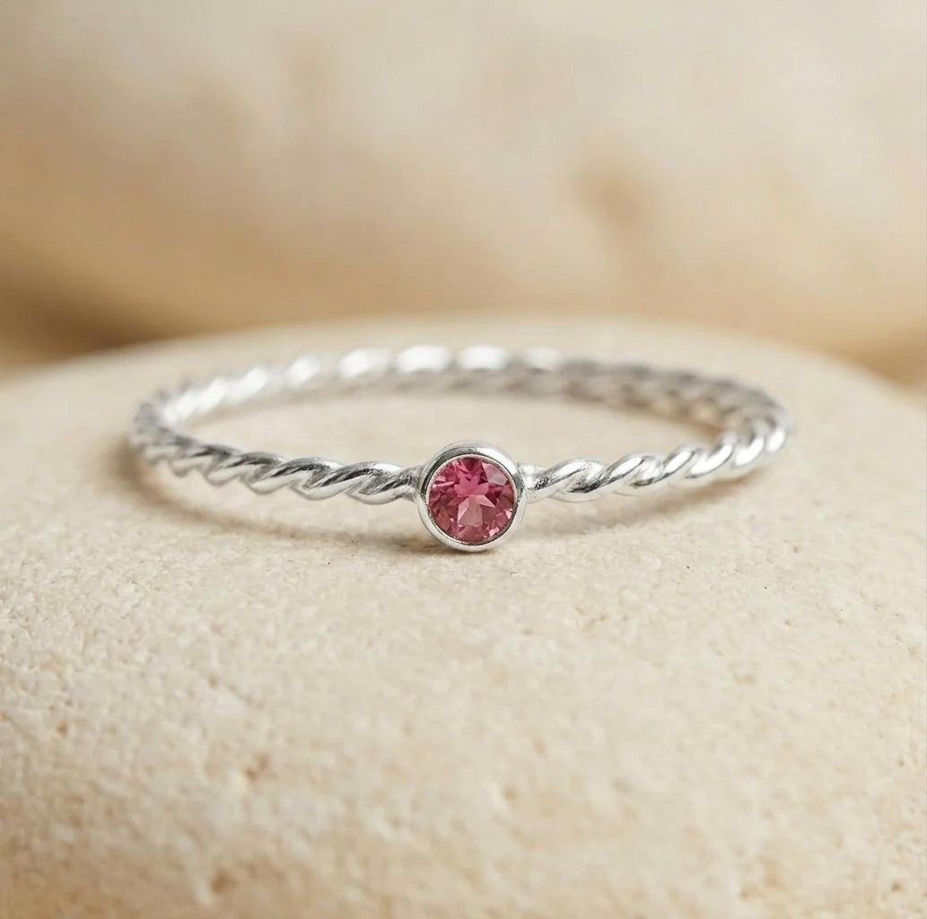 Twisted Birthstone Silver Colored Ring