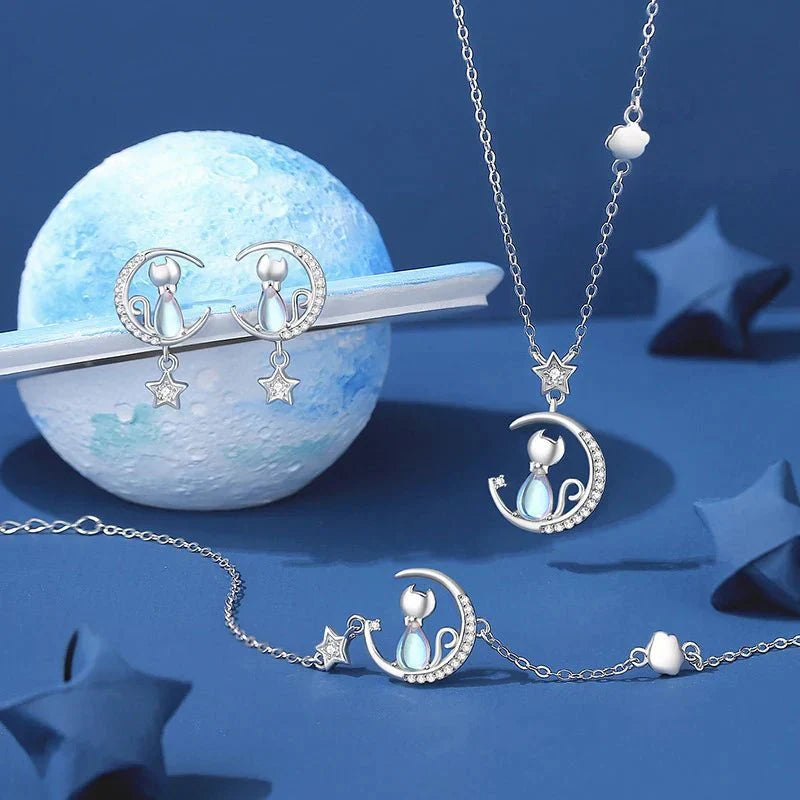 925 Sterling Silver Moon & Star Cat Earrings With Zircon