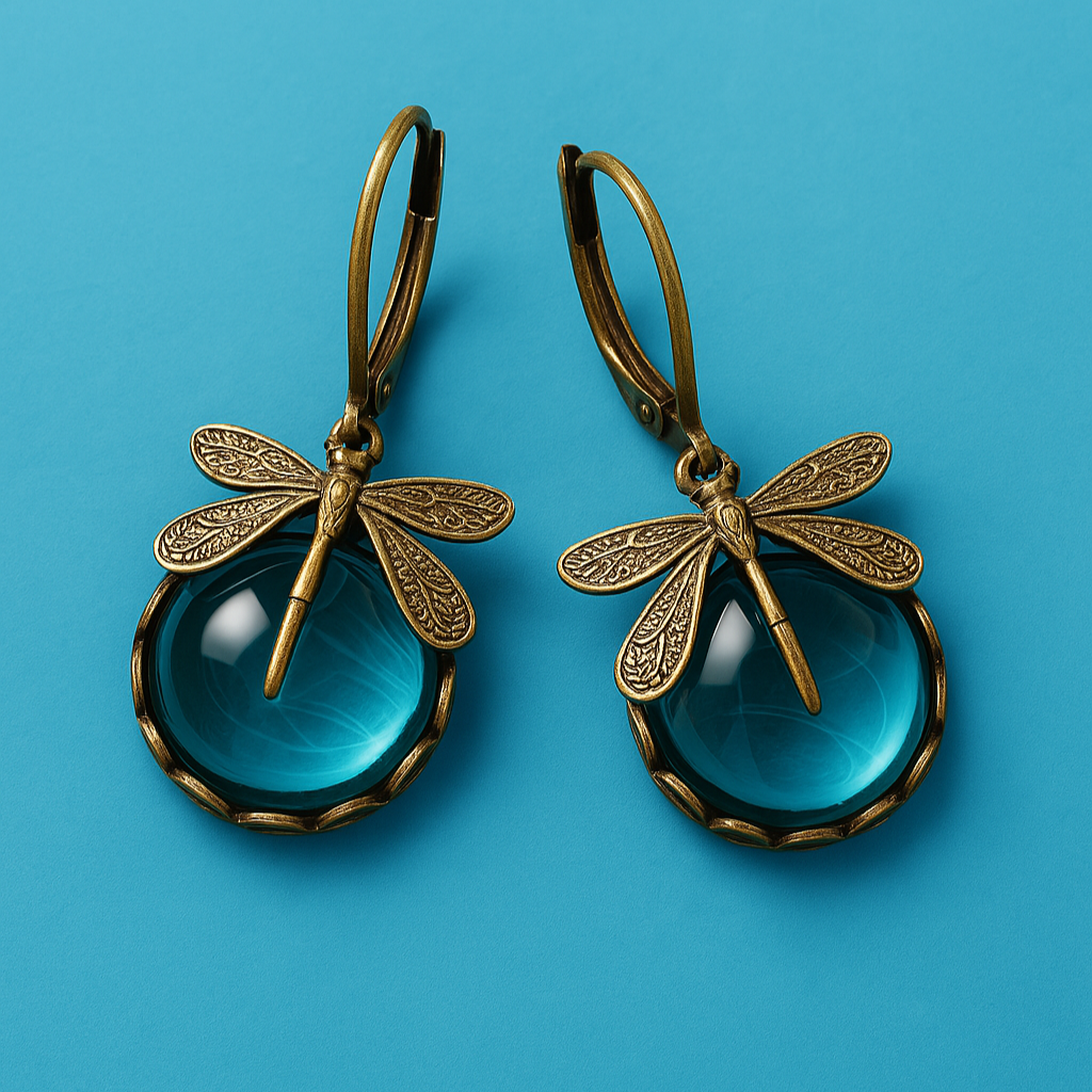 Spherical Dragonfly Earrings In Antique Gold