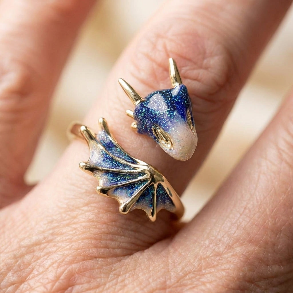 Adjustable Dragon Ring In Silver And Hand Painted Enamel
