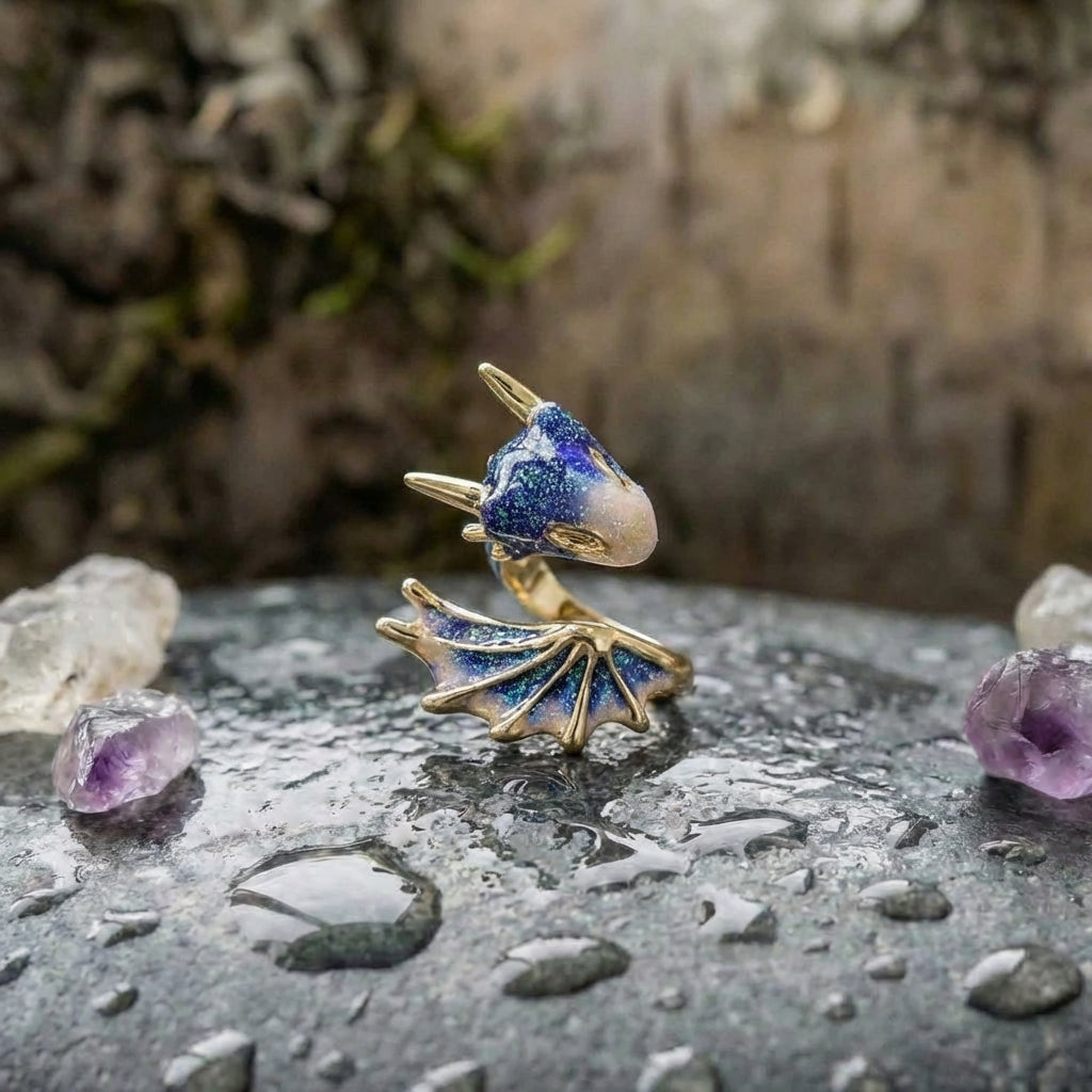 Adjustable Dragon Ring In Silver And Hand Painted Enamel