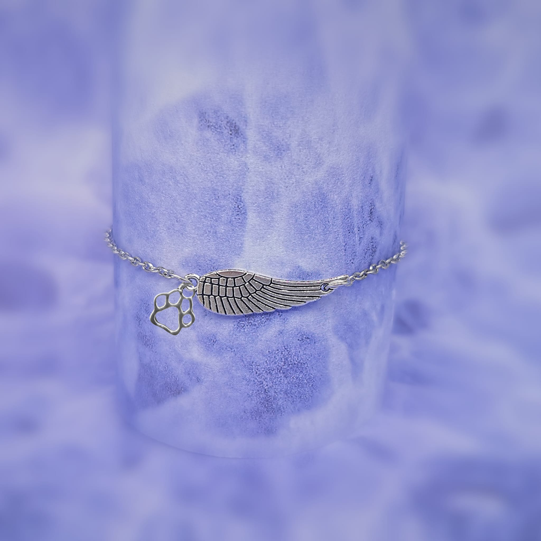 Silver Memorial Bracelet With Angel Wing & Paw Print | Handmade