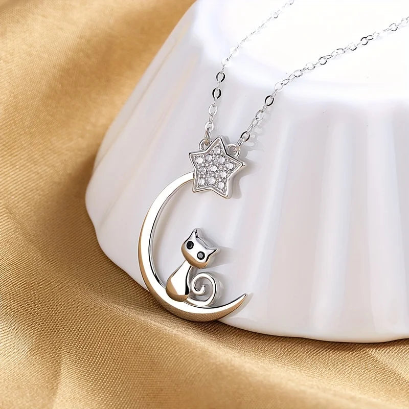 Sterling Silver Cat Moon Star Necklace