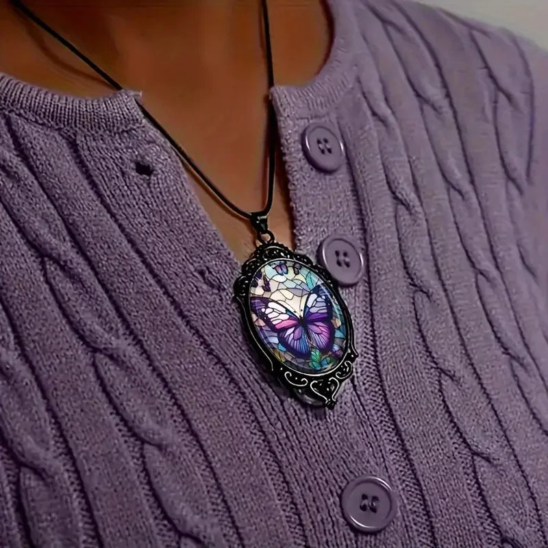 Butterfly Pendant Necklace With Purple Crystal