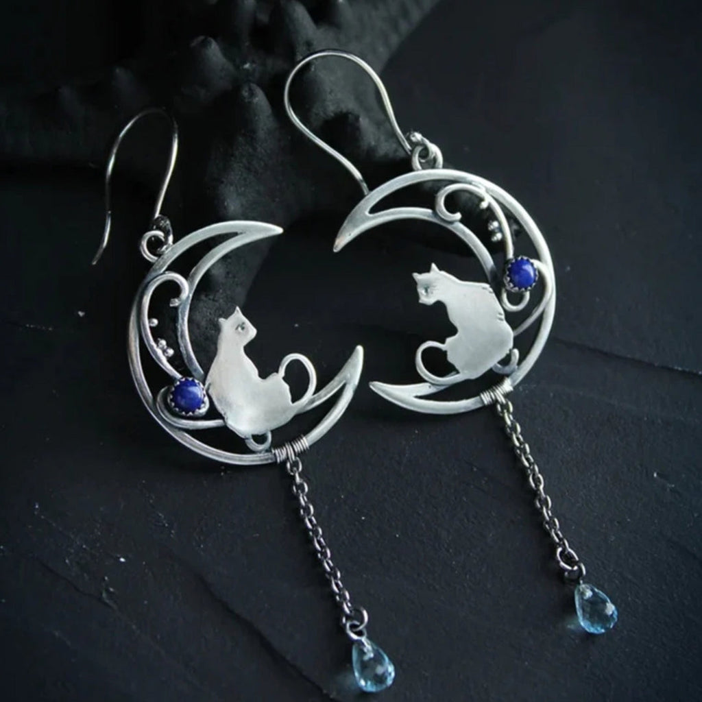 Blue Zirconia Cat Boho Earrings In Sterling Silver