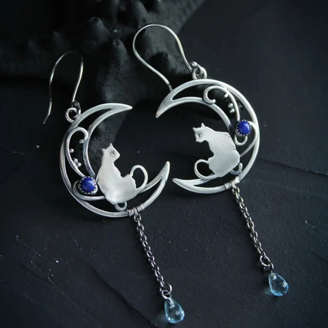 Blue Zirconia Cat Boho Earrings In Sterling Silver