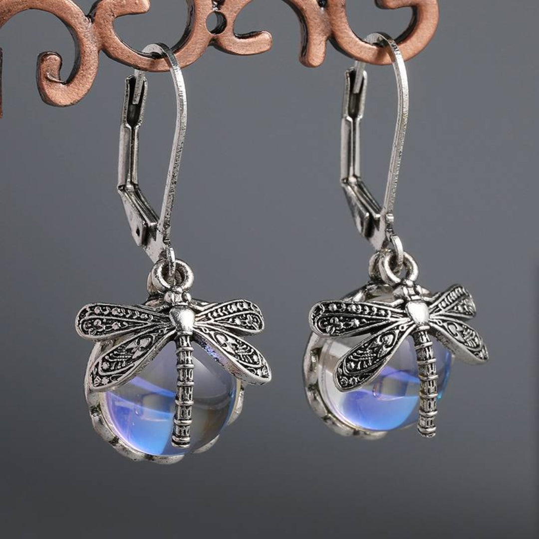 Spherical Dragonfly Earrings In Antique Silver