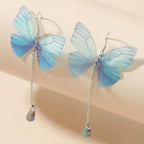 Blue Butterfly Crystal Tassel Earrings