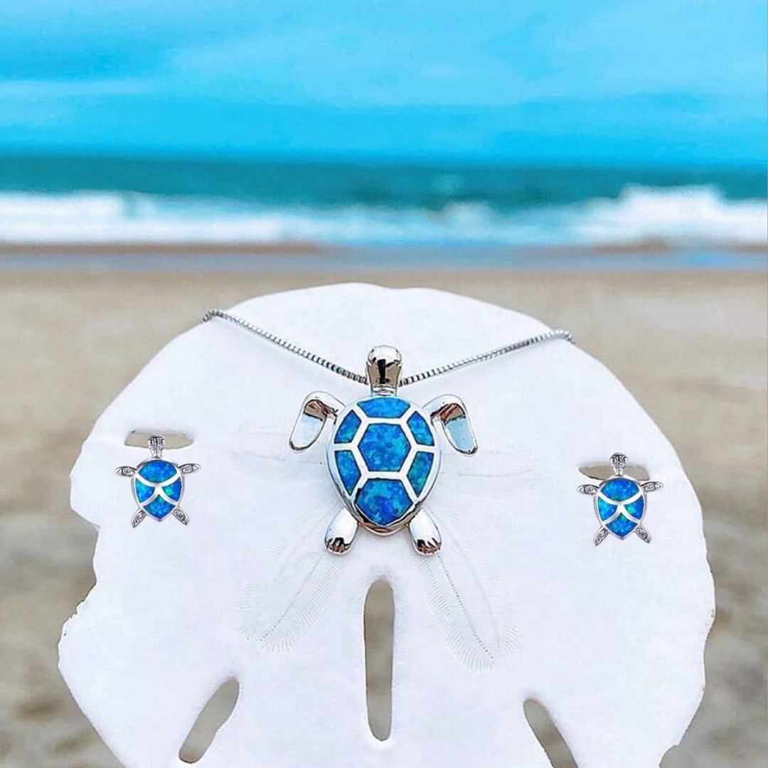 Sea Turtle Necklace + Earrings Set In Opal And Silver