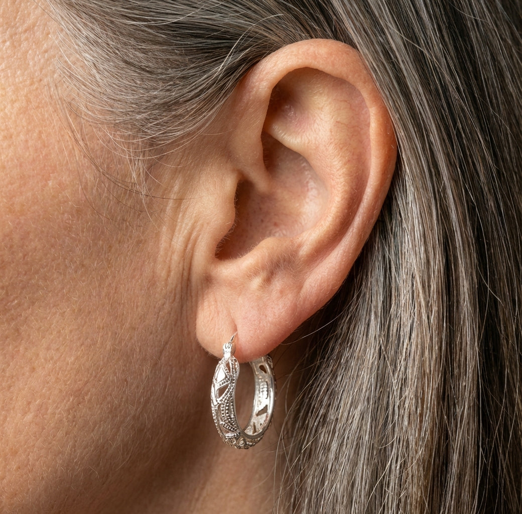 Elegant Hollow Carved Silver Hoop Earrings
