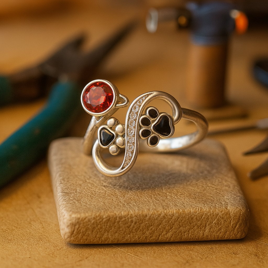 Black Paw Print Adjustable Ring With Red Gemstone