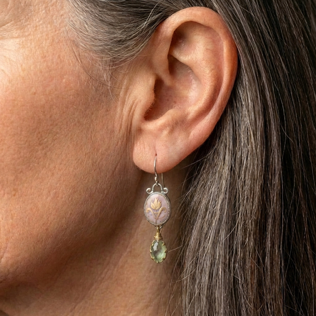An Elegant Art Nouveau Inspired Gemstone & Enamel Earrings