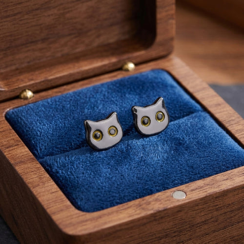 Black Cat Stud Earrings in Sterling Silver, Black Rhodium Coated Cat Earrings, Cute Cat Earrings, Silver Cat Earrings, Nature Inspired