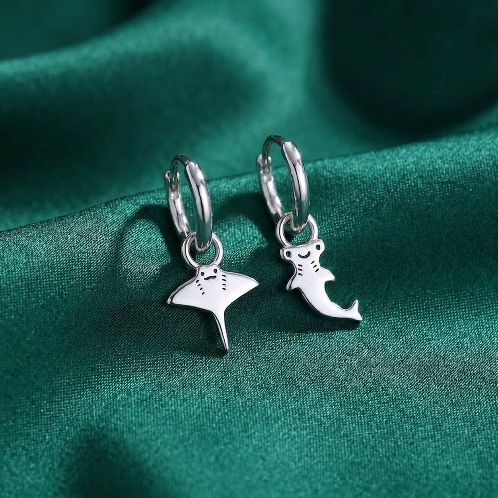 Mismatched Kawaii Hammerhead Shark and Manta Ray Huggie Hoop Earrings in Sterling Silver, Gold or Rose Gold,  Asymmetric and Detachable