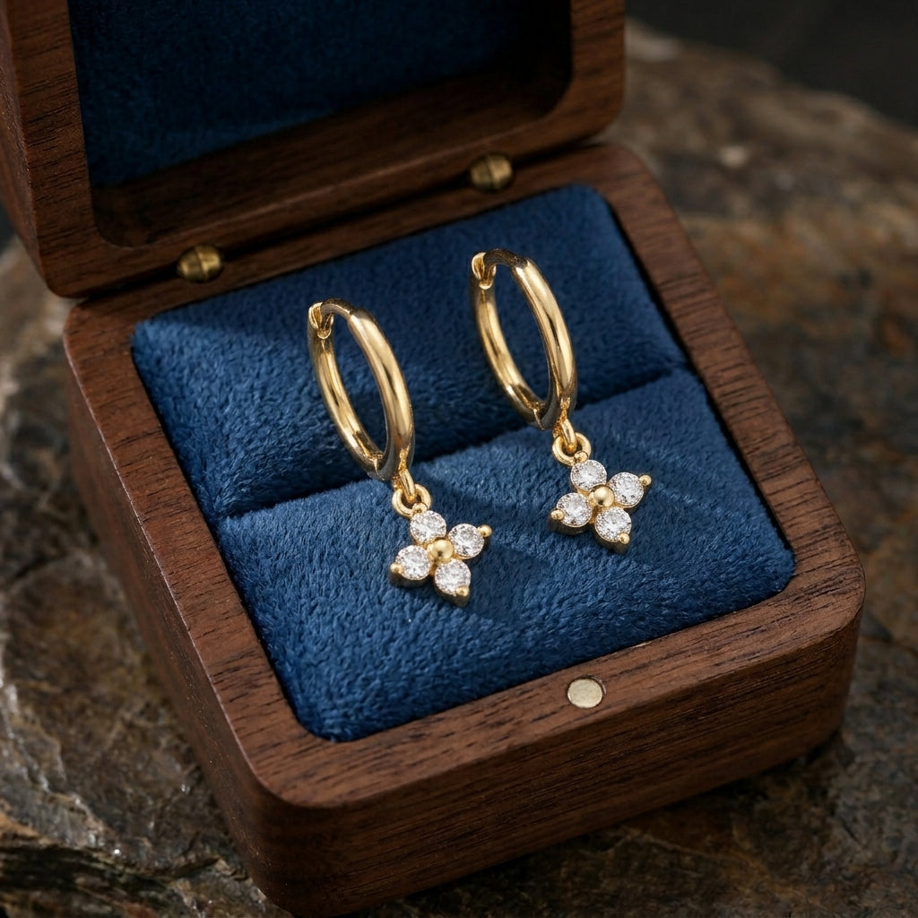 Extra Tiny Hydrangea Flower CZ Huggie Hoop Earrings in Sterling Silver, Silver or Gold, Green, Blue, Pink, Purple or Clear CZ