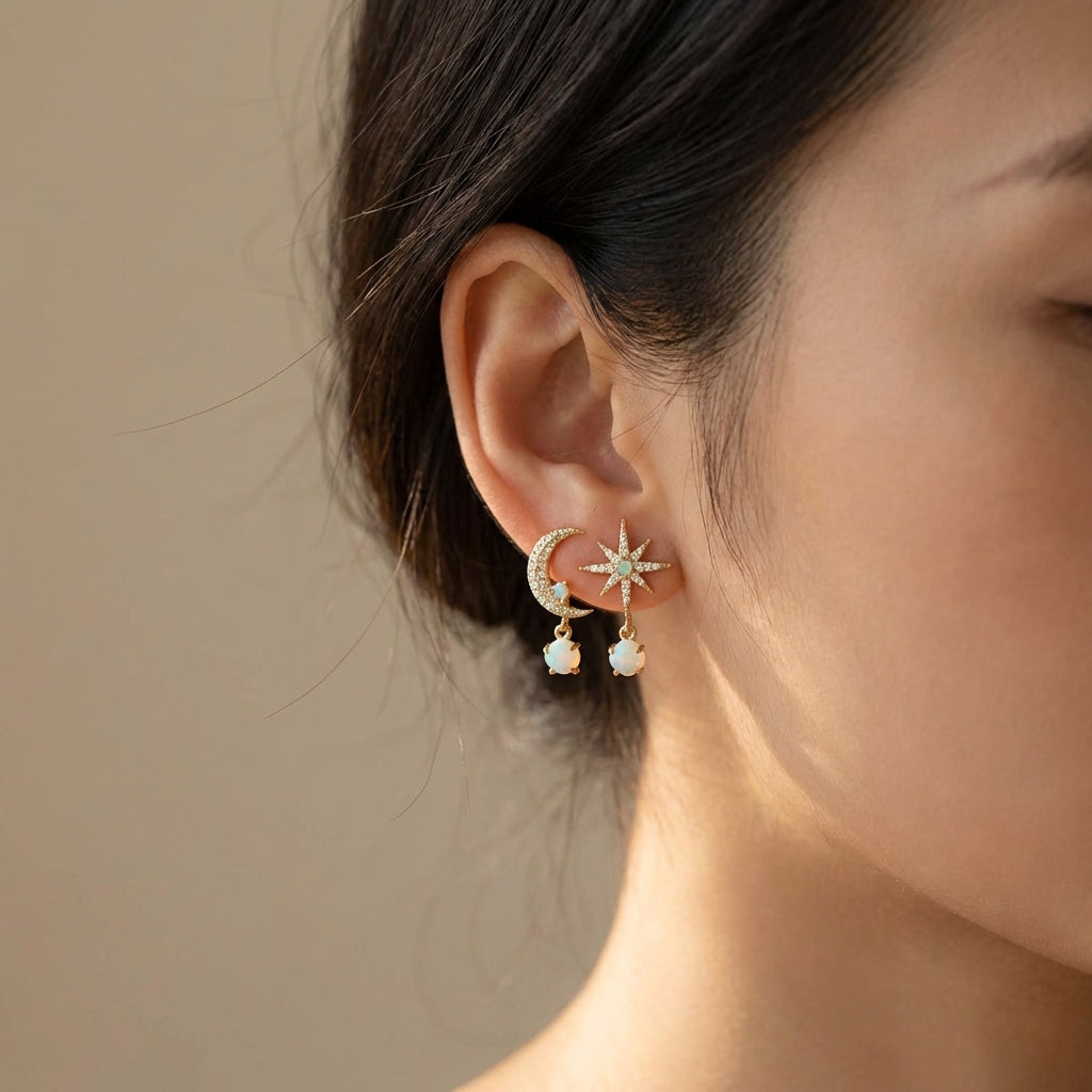 Moon And Star Earrings Made Of Gold And Opal