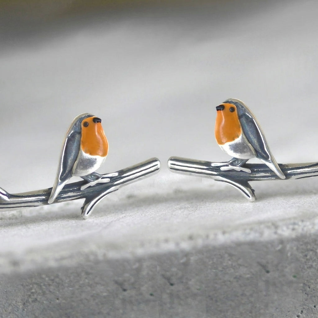 Robin Bird Ear Climbers Orange Enamel