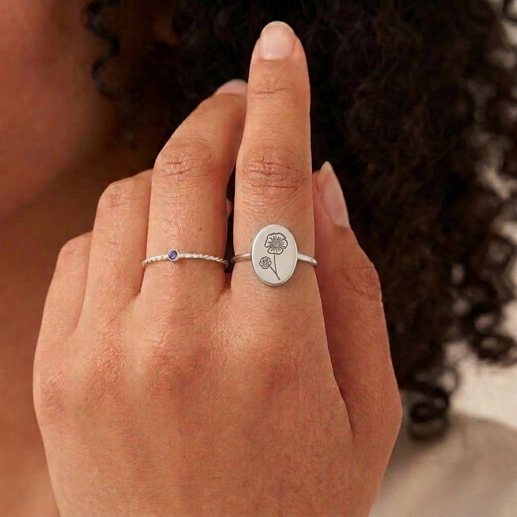 Birth Flower Silver colored Signet Ring