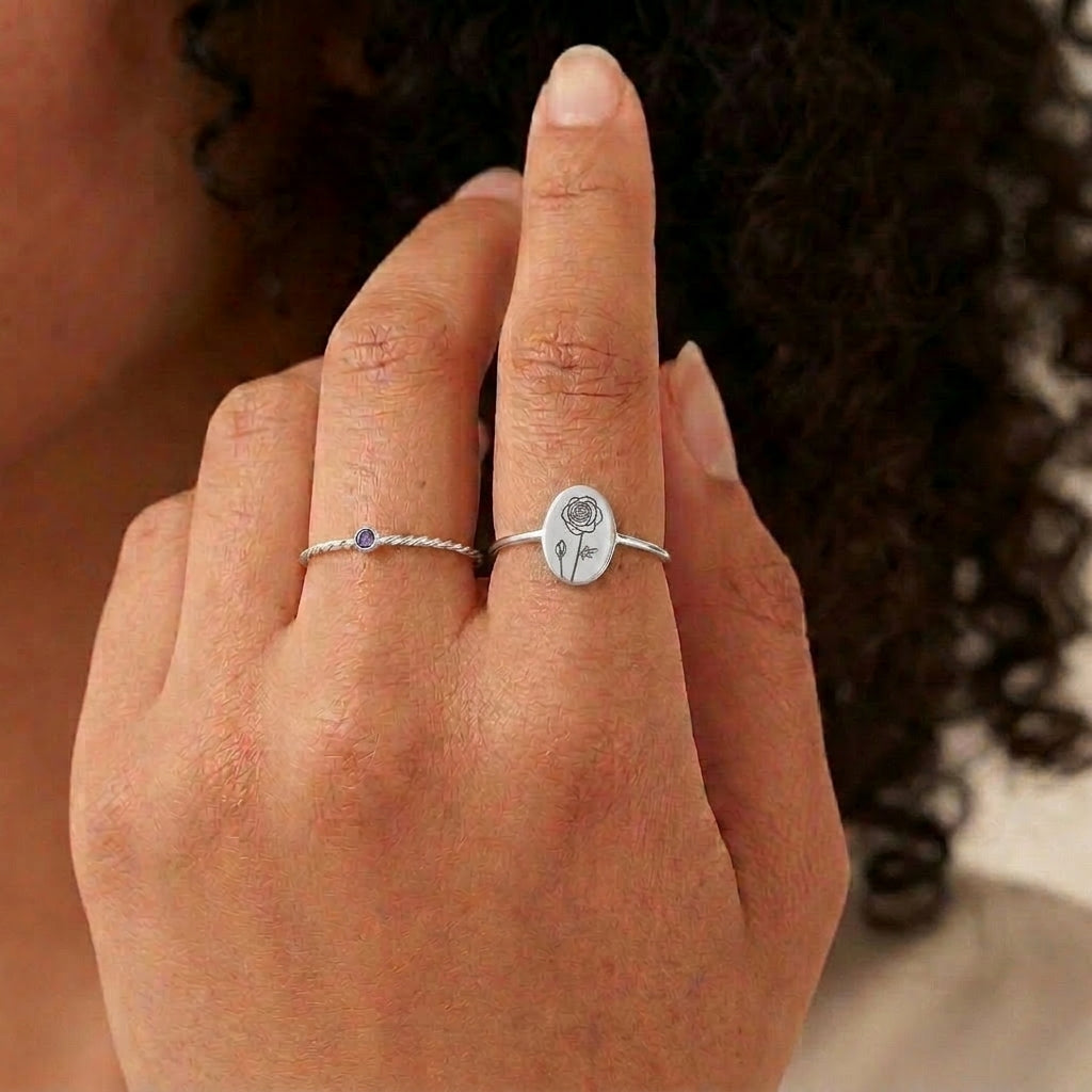 Birth Flower Silver colored Signet Ring