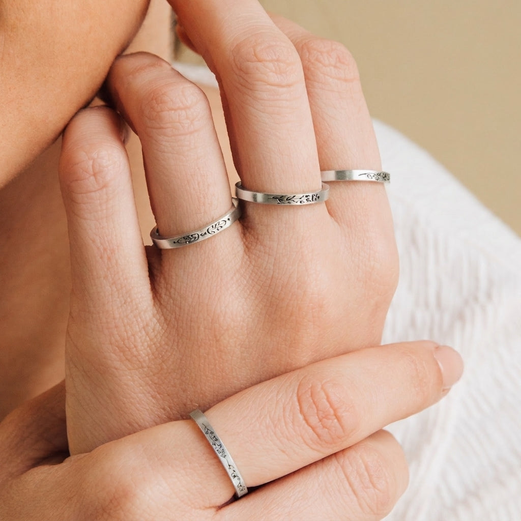 Thin Engraved Floral Silver colored Ring