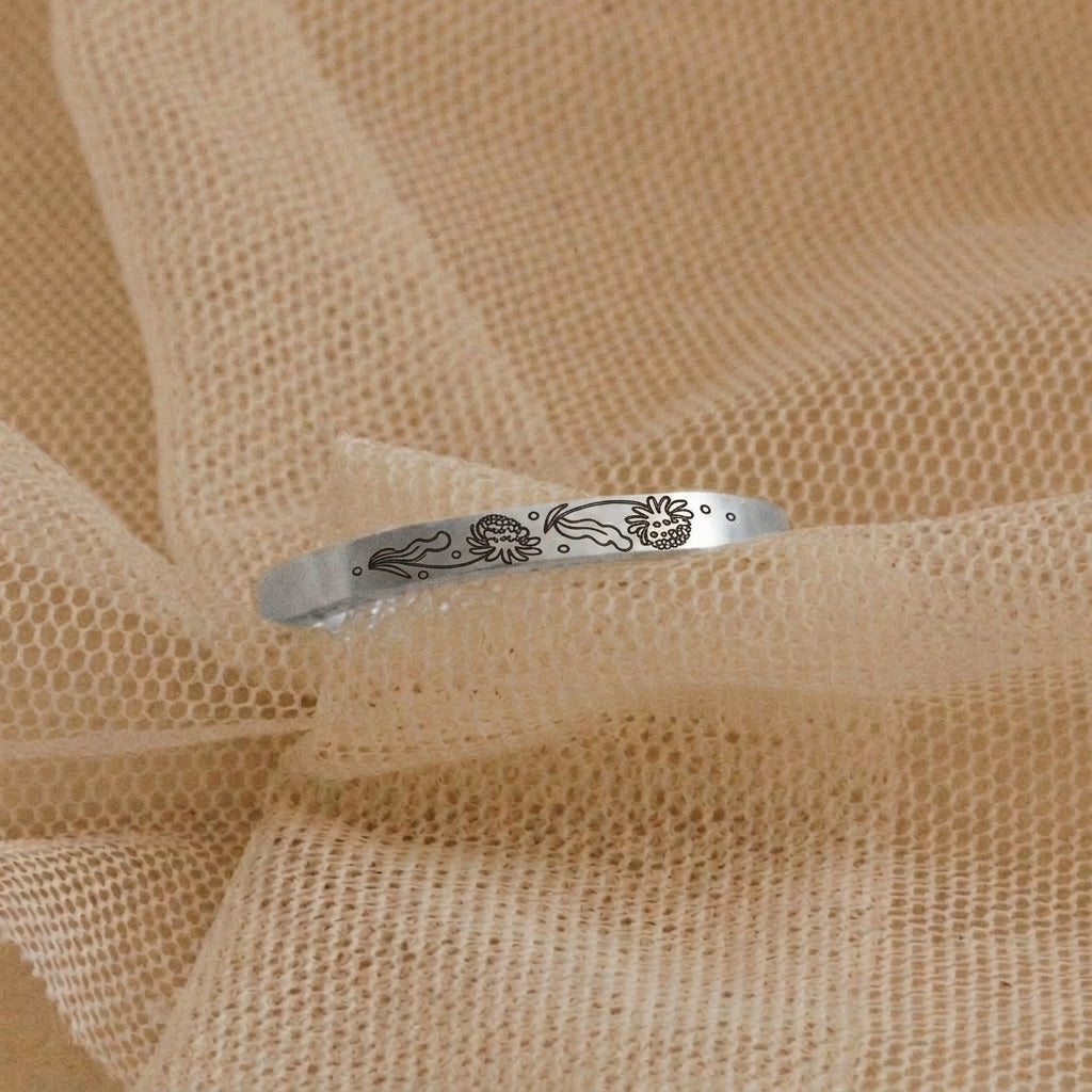 Thin Engraved Floral Silver colored Ring