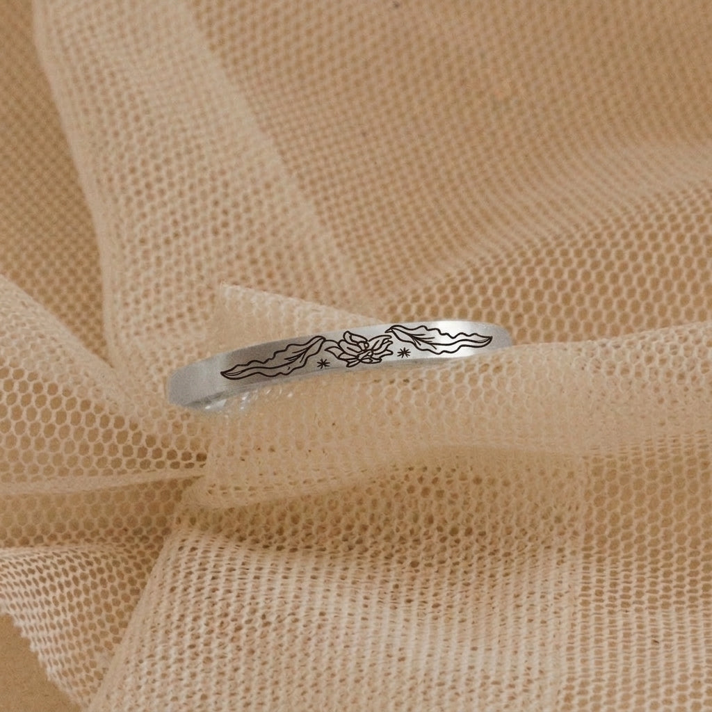 Thin Engraved Floral Silver colored Ring