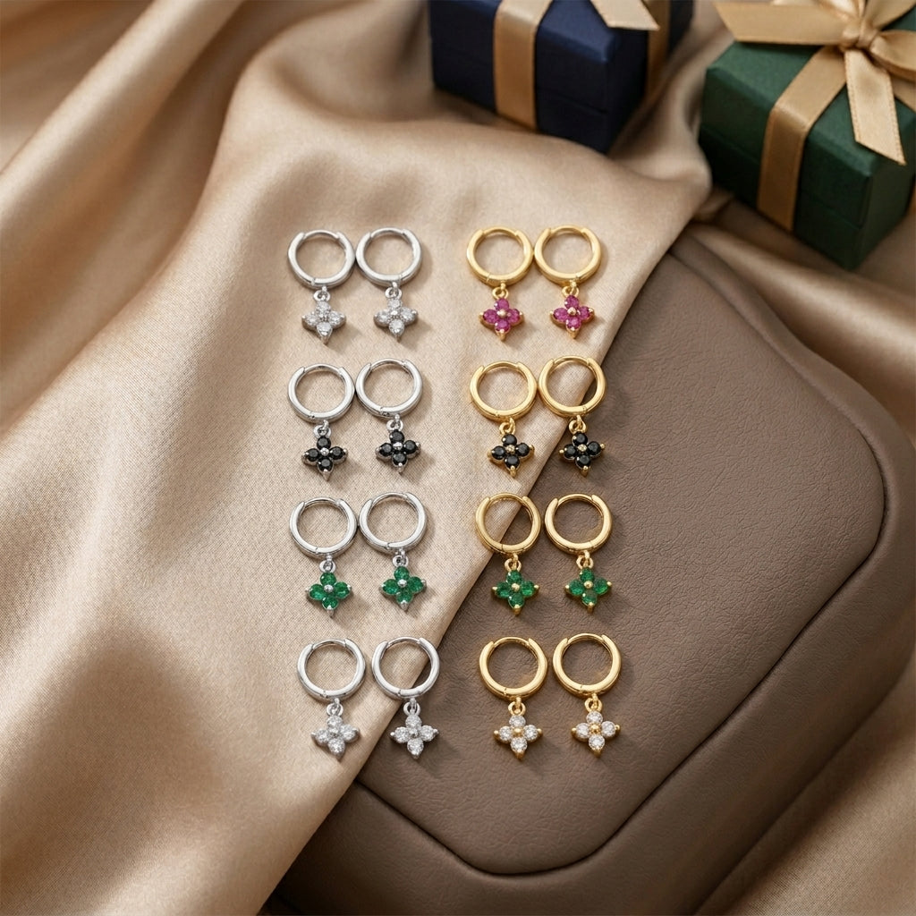 Extra Tiny Hydrangea Flower CZ Huggie Hoop Earrings in Sterling Silver, Silver or Gold, Green, Blue, Pink, Purple or Clear CZ