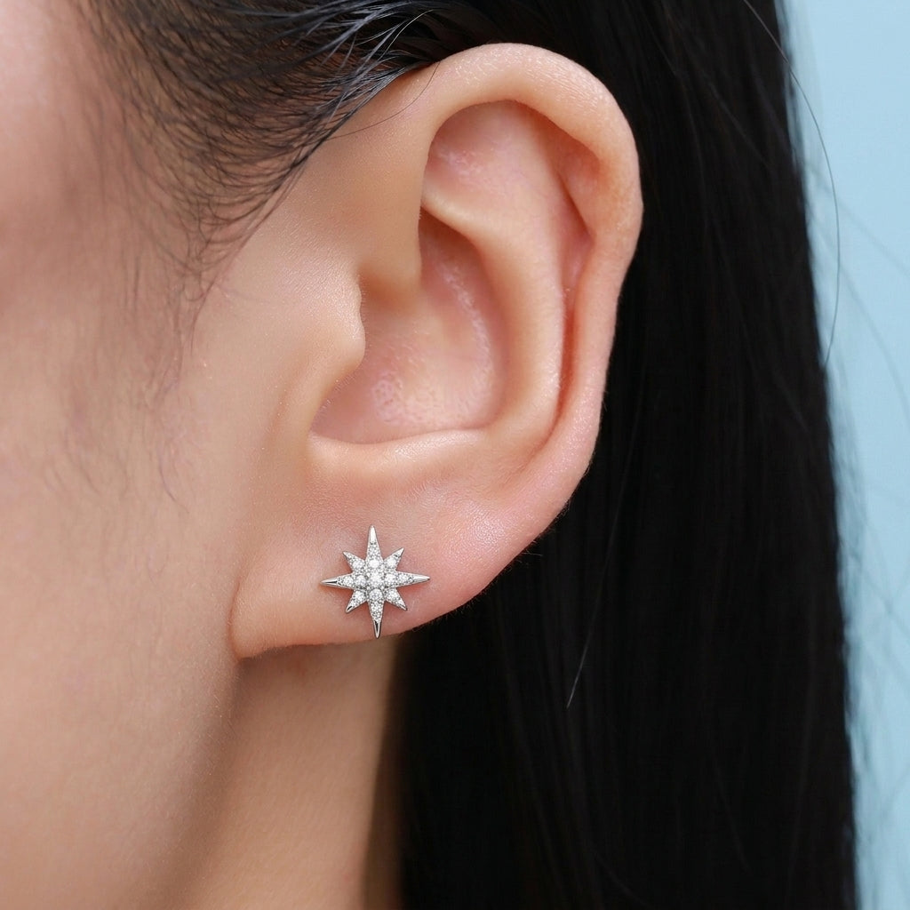 Starburst Stud Earrings in Sterling Silver with Sparkly CZ Crystals, Dainty and Delicate Earrings, Celestial Jewellery