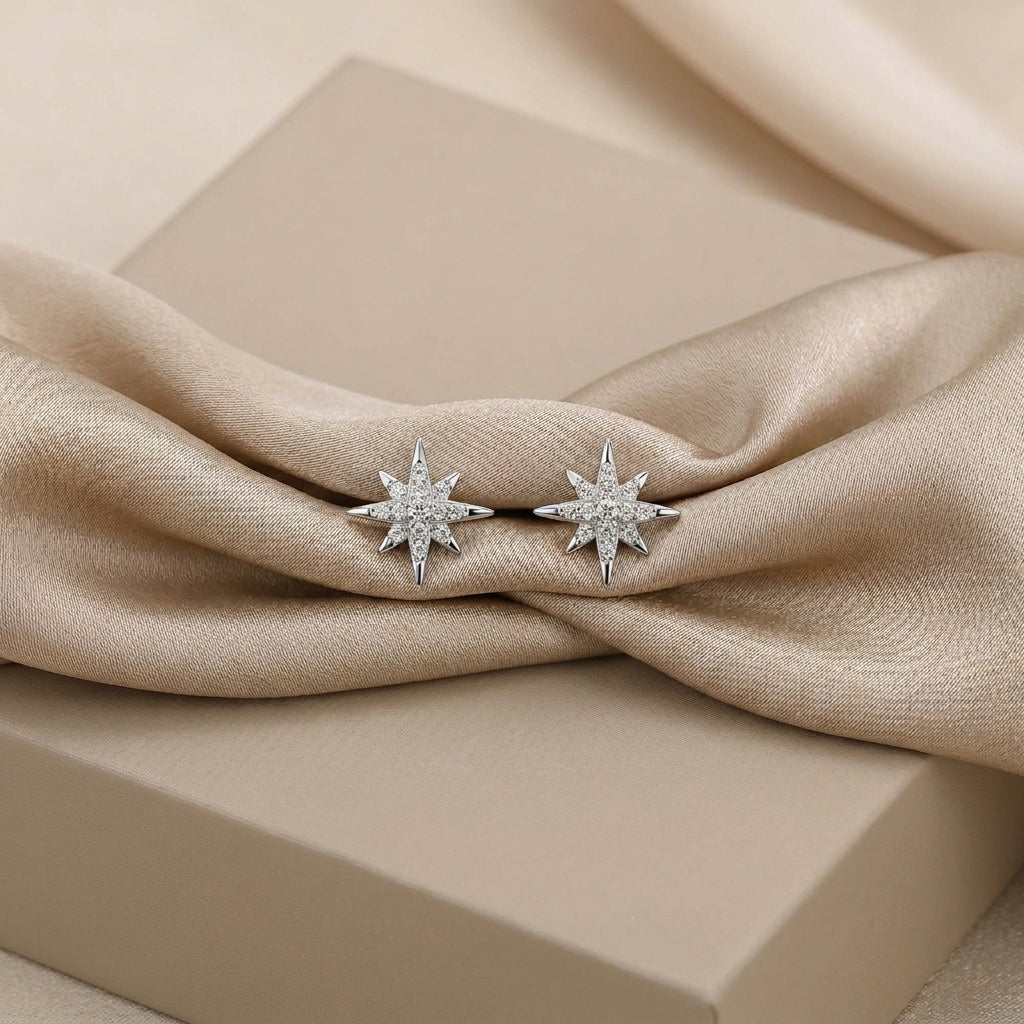 Starburst Stud Earrings in Sterling Silver with Sparkly CZ Crystals, Dainty and Delicate Earrings, Celestial Jewellery