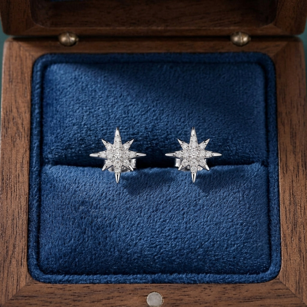 Starburst Stud Earrings in Sterling Silver with Sparkly CZ Crystals, Dainty and Delicate Earrings, Celestial Jewellery