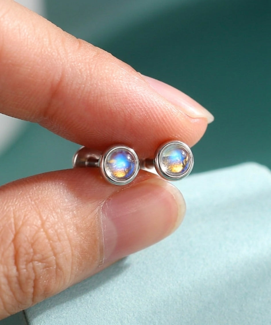 Tiny Moonstone 16G Internally Threaded Flat Back Earrings in Sterling Silver