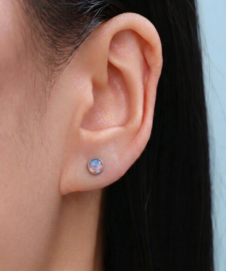 Tiny Moonstone 16G Internally Threaded Flat Back Earrings in Sterling Silver