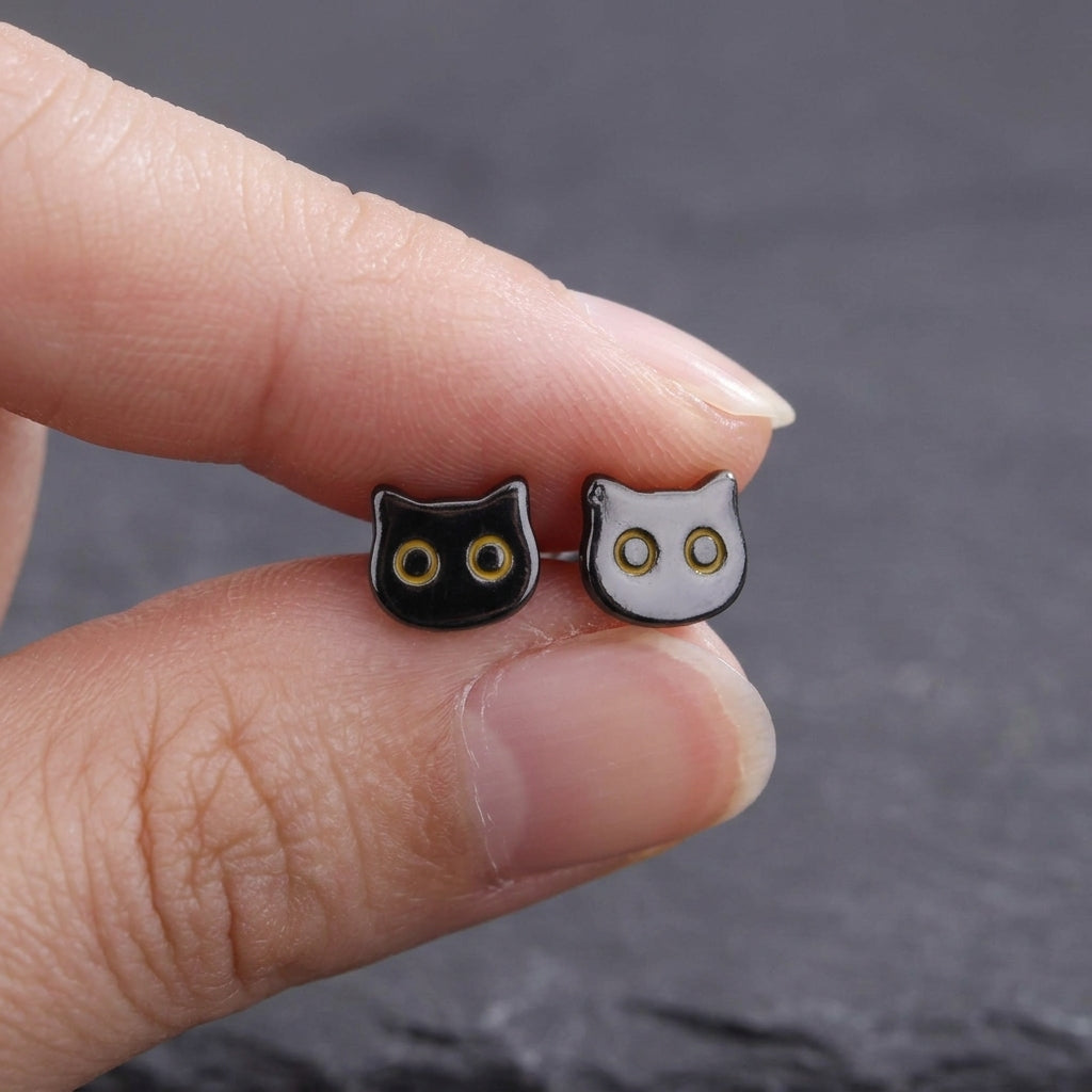 Black Cat Stud Earrings in Sterling Silver, Black Rhodium Coated Cat Earrings, Cute Cat Earrings, Silver Cat Earrings, Nature Inspired