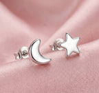 Tiny Crescent Moon and Star Mismatched Asymmetric Stud Earrings in Sterling Silver, Cute Fun and Quirky