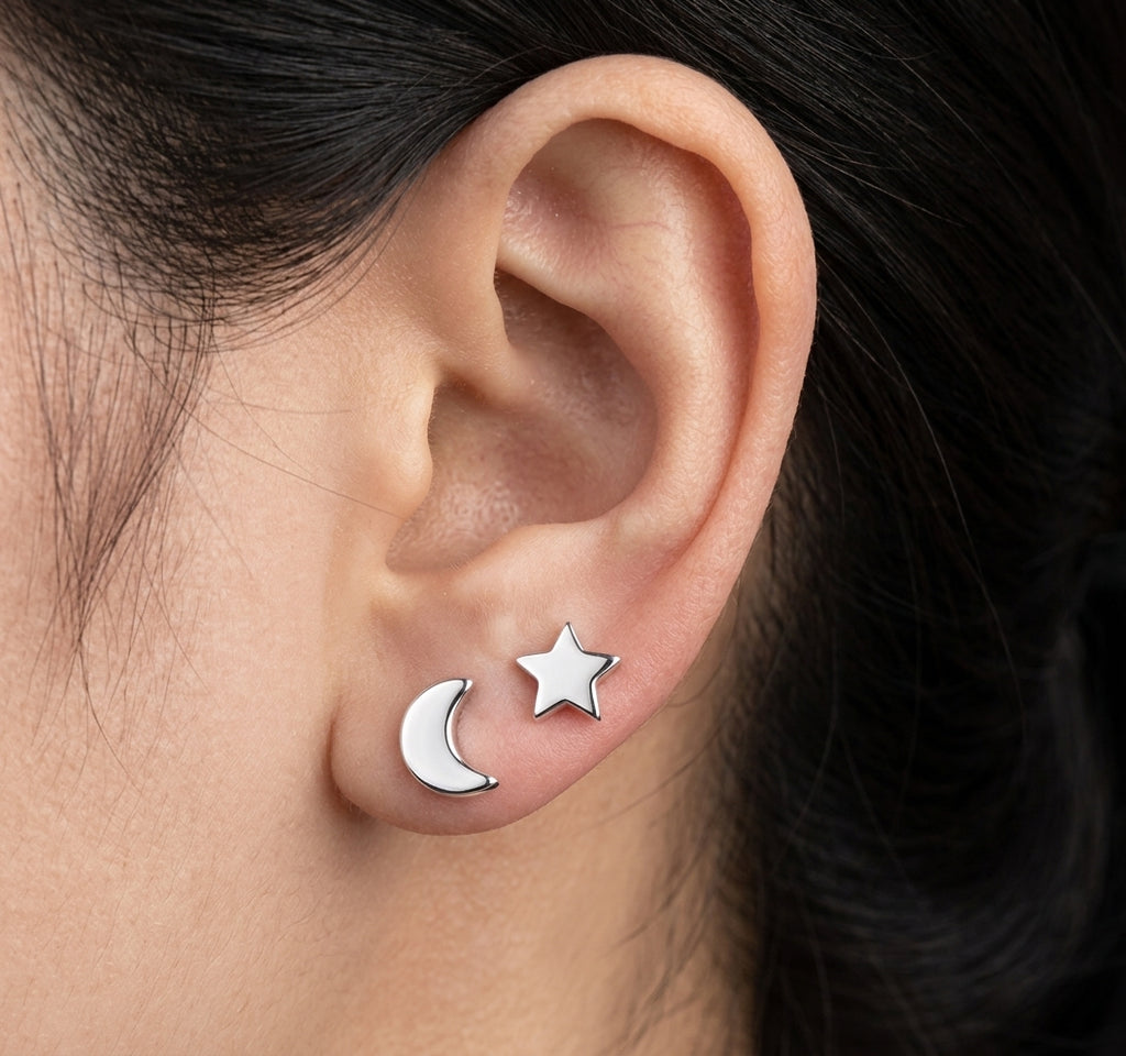Tiny Crescent Moon and Star Mismatched Asymmetric Stud Earrings in Sterling Silver, Cute Fun and Quirky